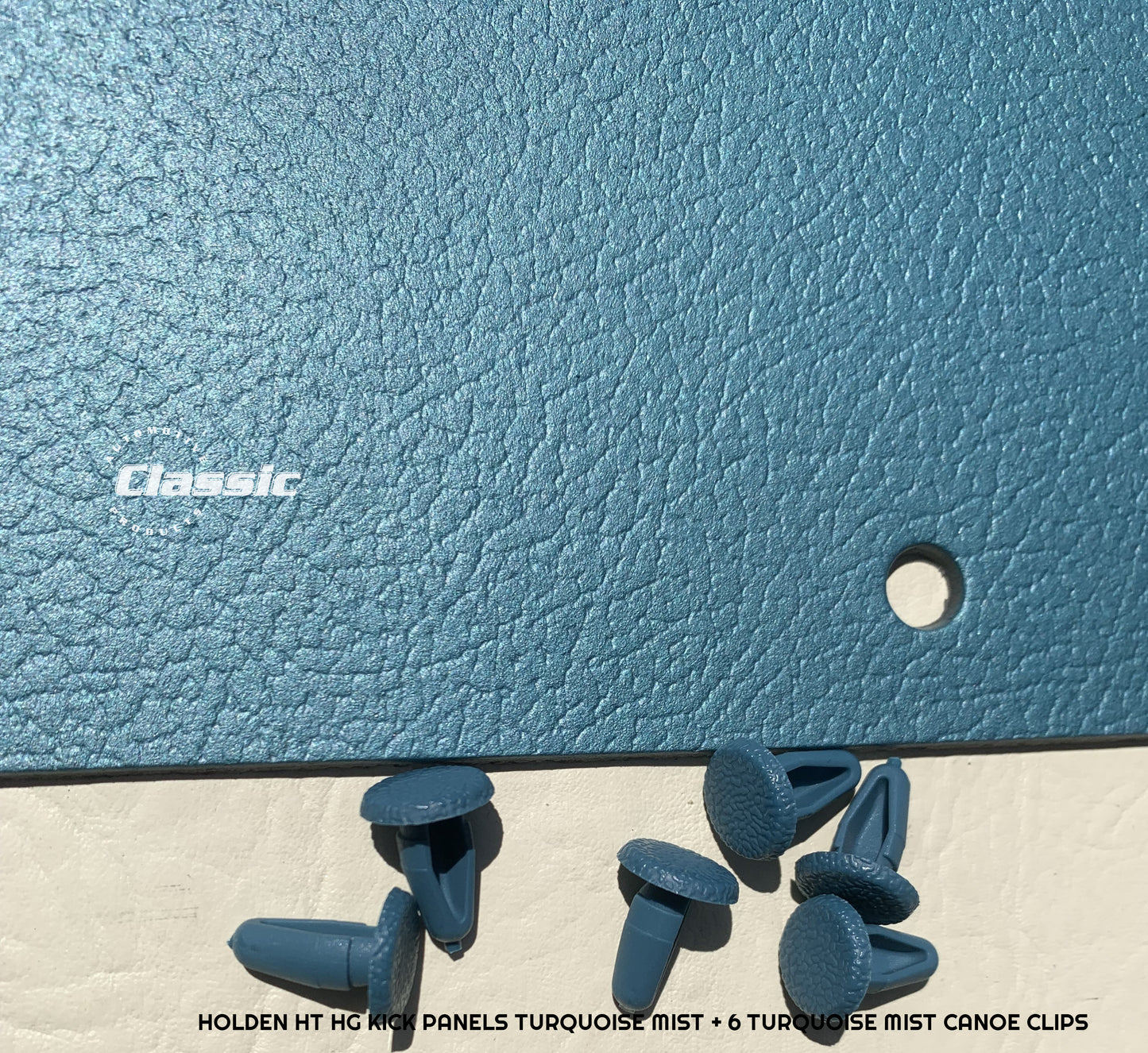HOLDEN HT HG Side Kick Panels TURQUOISE MIST (pair) Inc 6 Turquoise Mist Trim Buttons