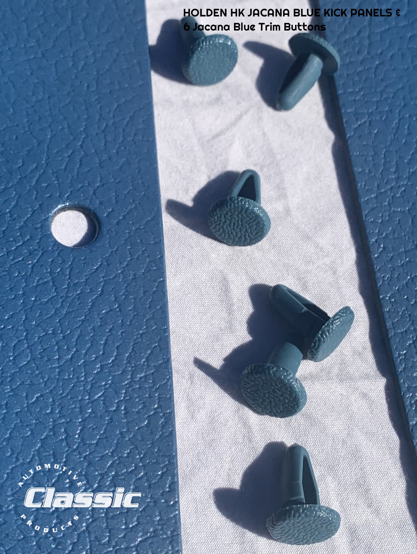 HOLDEN HK Side Kick Panels JACANA BLUE (pair) Inc 6 Jacana Blue Trim Buttons