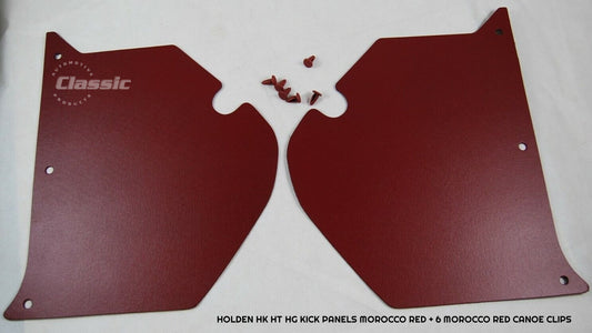 HOLDEN HK HT HG Side Kick Panels MOROCCO RED (pair) Inc 6 Morocco Red Trim Buttons