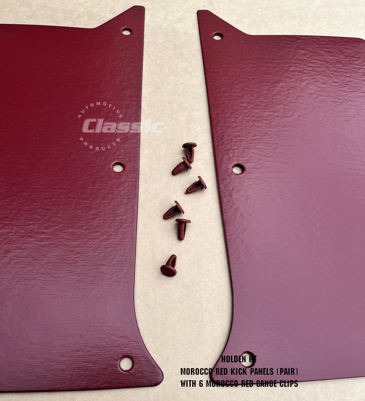HOLDEN HT Side Kick Panels MOROCCO RED (pair) Inc 6 Morocco Red Trim Buttons
