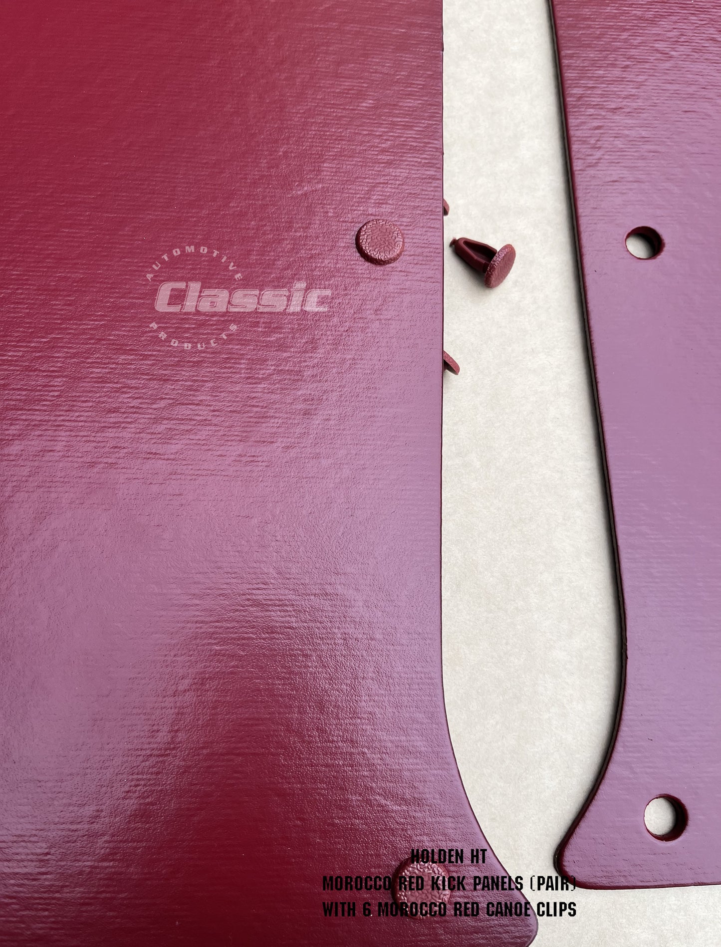 HOLDEN HT Side Kick Panels MOROCCO RED (pair) Inc 6 Morocco Red Trim Buttons