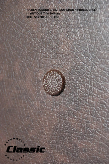 HOLDEN LJ TORANA  PARCEL SHELF ANTIQUE BROWN & 4 Antique Brown Trim Buttons - WITH SEATBELT HOLES