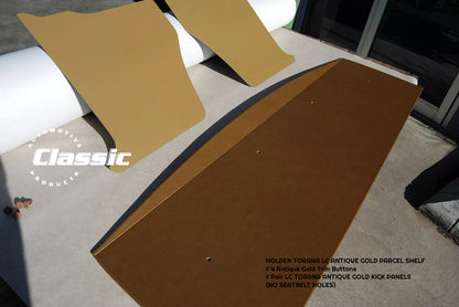 HOLDEN LC TORANA  ANTIQUE GOLD PARCEL SHELF AND KICK PANELS & 4 Antique Gold Trim Buttons - NO SEATBELT HOLES