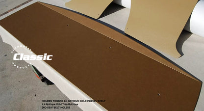 HOLDEN LC TORANA  ANTIQUE GOLD PARCEL SHELF AND KICK PANELS & 4 Antique Gold Trim Buttons - NO SEATBELT HOLES