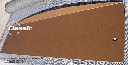 HOLDEN LC TORANA  PARCEL SHELF ANTIQUE GOLD & 4 Antique Gold Trim Buttons - WITH SEATBELT HOLES