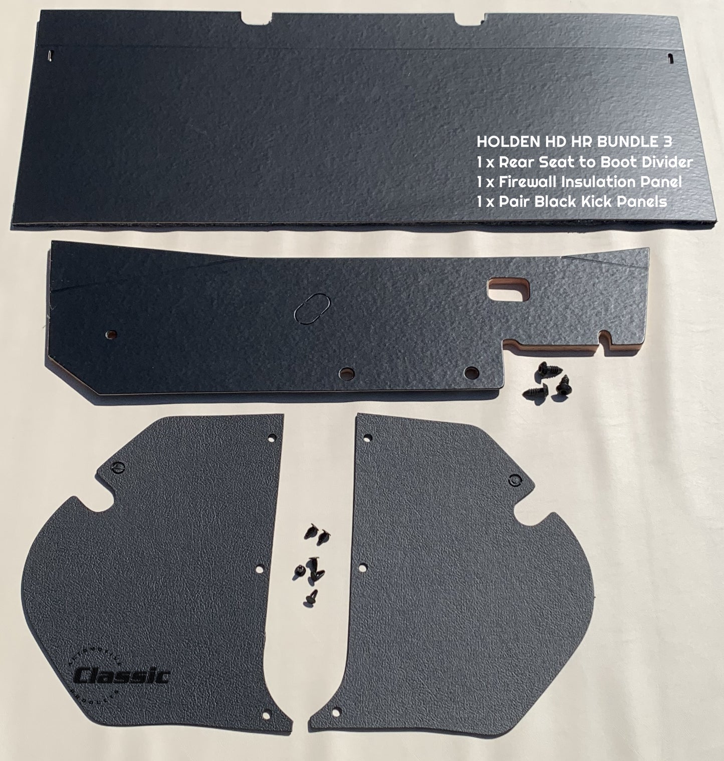 HOLDEN HD HR BUNDLE 3: Rear Seat Panel + Pair Kick Panels + Firewall Insulation Panel
