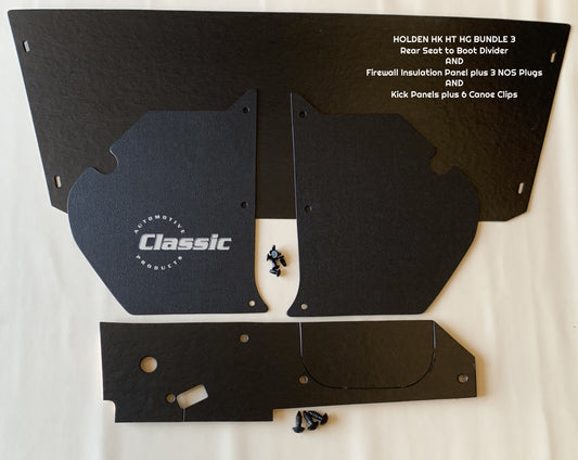 HOLDEN HK HT HG BUNDLE 3: Rear Seat Panel + Pair Kick Panels + Firewall Insulation Panel