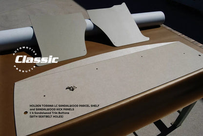 HOLDEN LC TORANA  SANDALWOOD PARCEL SHELF AND KICK PANELS & 4 Sandalwood Trim Buttons - WITH SEATBELT HOLES